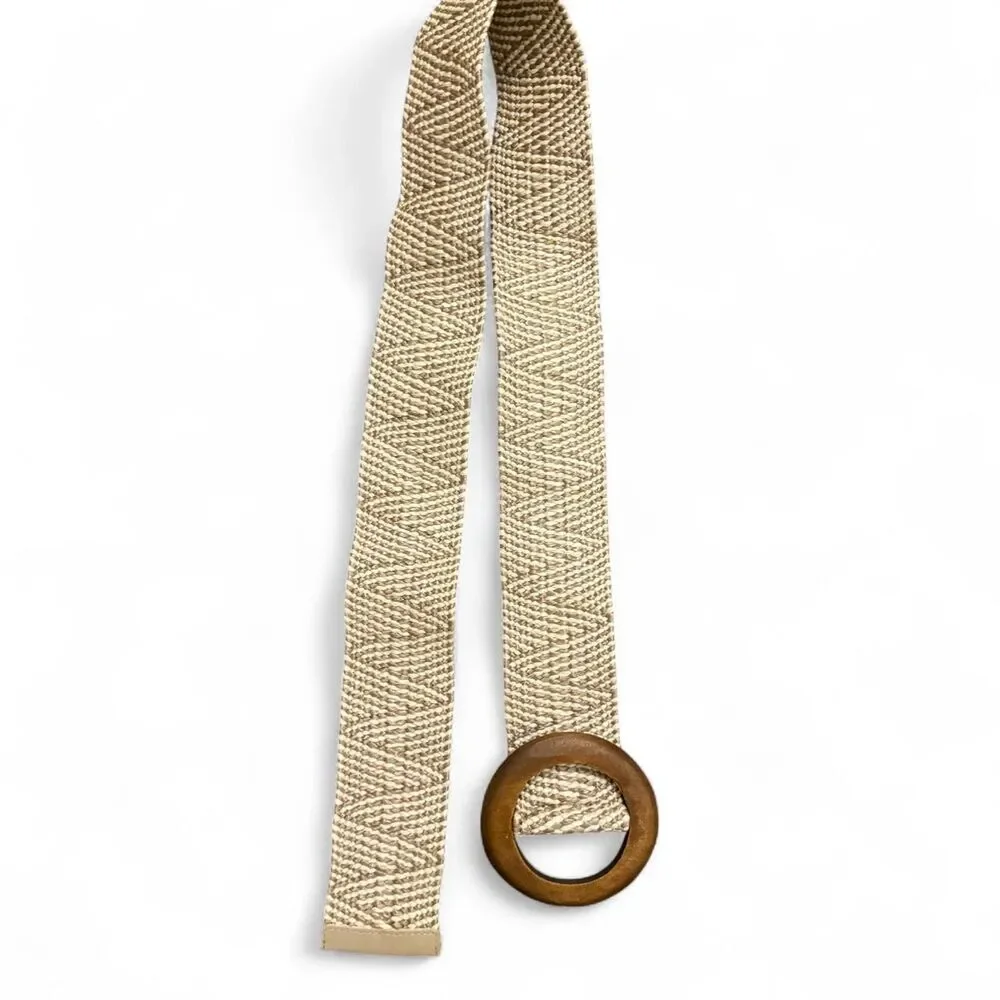 Boho beautiful brown cream woven belt | wooden buckle | super stretchy one size